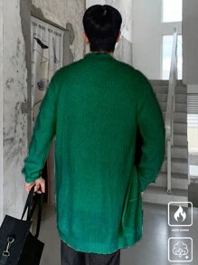 Manfinity Homme 男士休闲长袖开衫，带口袋，简约日常穿着 - 墨綠色 - 查看 2