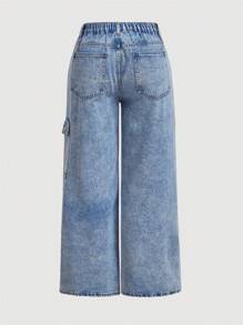 SHEIN MOD Quần Jeans Boyfriend ống đứng rộng rãi màu xanh cỡ lớn có nơ Baggy Y2k dành cho nữ - Rửa nhẹ - Xem 2