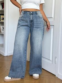 SHEIN MOD 大码 Y2k 宽松街头风格性感蓝色阔腿牛仔裤，返校季，秋季休闲女式宽松男友风牛仔裤 - 深色水洗藍 - 查看 6