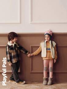 SHEIN 2 Pcs Young Boys Sets Plaid Splicing Fleece Collar Jacket & Sweatpants Cute/Retro/Casual/Home/Outdoor Winter/Fall Outfits - Multicolor - View 9