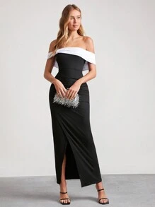 SHEIN Clasi Vestido ceñido con hombros descubiertos, lazo y abertura para mujer