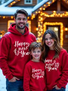 SHEIN 新年快乐，圣诞节，冬季可爱家庭款男童休闲字母印花日常舒适加厚针织长袖卫衣，适合秋冬季穿着 - 紅色 - 查看 1