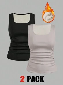 SHEIN LUNE 2 件套女士休闲纯色保暖内衬保暖无需穿胸罩，修身吊带背心，适合秋冬季 - 彩色 - 查看 1