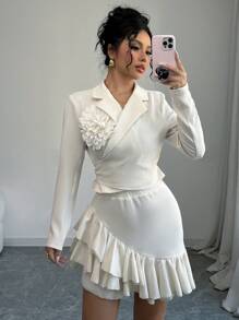 Elenzga 花卉装饰领带腰带短夹克和不对称下摆紧身裙优雅女士两件套西装 - 杏色 - 查看 4