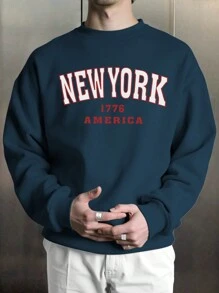 Manfinity Hypemode Men's Letter Print Round Neck Long Sleeve Casual Pullover Sweatshirt, Autumn/Winter - Blue - View 1