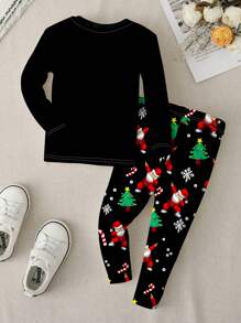 年轻男孩圣诞主题圣诞老人印花休闲简约紧身长袖圆领长裤睡衣套装，适合秋冬季 - 彩色 - 查看 2