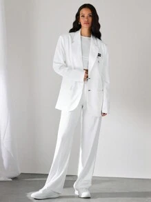 Manfinity INSISELF 2 Pieces Set Unisex Loose-Fit Padded Shoulder Blazer Jacket And Straight Leg Suit Pants, Suit Set - White - View 5