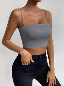 Chiquease 女士纯色细肩带简约背心，休闲日常穿着 - 深灰色 - 查看 4