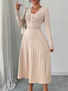 Elenzga 女式纯色前纽扣长袖荷叶边休闲毛衣连衣裙