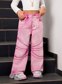 SHEIN Explorewe Young Girl New Fashionable Patchwork Design Faded Red Straight Leg Jeans - Hot Pink - View 3