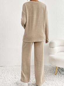 SHEIN 2pcs Maternity Set - Round Neck Long Sleeve Top And Long Pants - Khaki - View 2