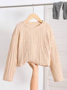 SHEIN Leap Crew Áo crop top tay dài vải họa tiết giản dị rộng rãi cho bé gái tuổi mới lớn có cổ tròn và vai trễ - Màu be - Xem 1