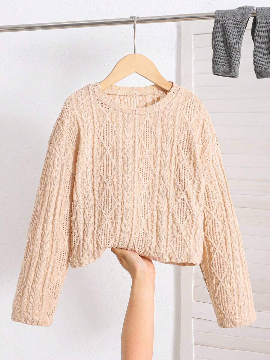 SHEIN Leap Crew Áo crop top tay dài vải họa tiết giản dị rộng rãi cho bé gái tuổi mới lớn có cổ tròn và vai trễ - Màu be - Xem 1