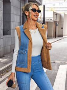 SHEIN Essnce Women Thermal Lined Sleeveless Denim Jacket With Pockets, Warm Winter Outerwear - Blue - View 5
