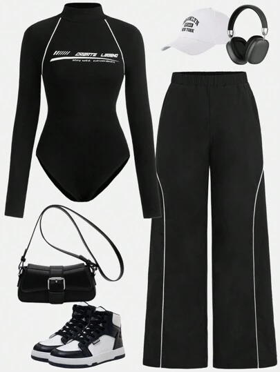 SHEIN Girlism 2 件套青少年女孩黑色长袖拼色字母连体衣和黑色拼色编织休闲运动裤运动服套装