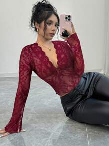 Firerie Women's Black V-Neck Lace Patchwork Flare Sleeve Lace Top - Red - View 4