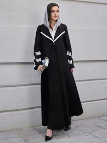Al Najma Women's Elegant Modest Butterfly Embroidered Contrast Collar Fashion Abaya - Black - View 3
