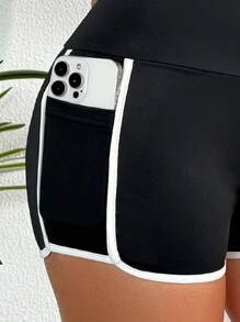 Women Summer Beach Colorblock Trim Elastic Waist Pocket Hot Shorts, Bikini Bottom - Black - View 3