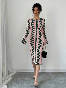 Elenzga Đầm bó sát dệt kim Jacquard thanh lịch cho nữ - Màu Hồng baby - Xem 7