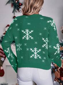 SHEIN LUNE Women's Casual Snowflake Pattern Round Neck Drop Shoulder Sweater For Autumn/Winter/Christmas Knit Pullover Fall - Green - View 2