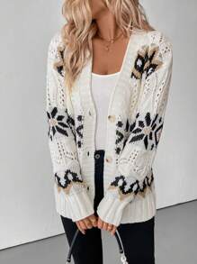 SHEIN LUNE 女式圣诞杏色 V 领钻石图案加厚保暖开衫 - 彩色 - 查看 6