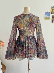 Soleia Women's Boho V-Neck Tie-Up Long Flare Sleeve Floral Print Casual Top, Summer Vacation Beach Outfits - Multicolor - View 6