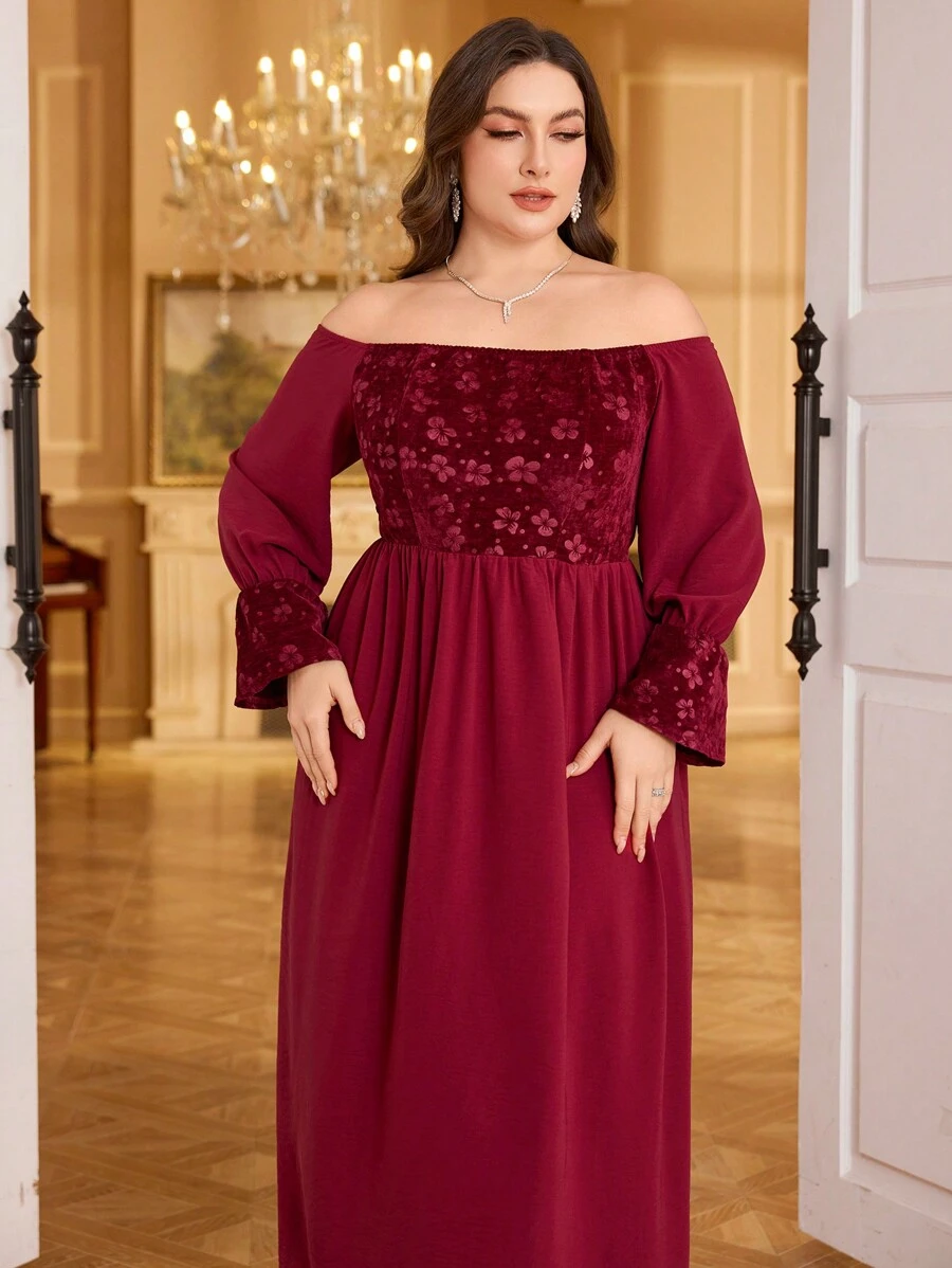 Modelyn 大码露肩提花针织连衣裙，优雅，适合圣诞节勃艮第红长款女士装长款晚礼服 - 酒紅色 - 查看 1