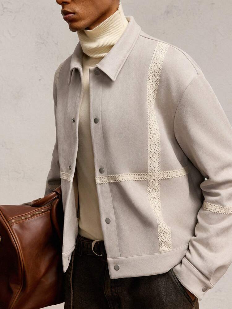 Men's Loose Fit Apricot Knitted Jacket With Turndown Collar, Long Sleeve Suitable For Casual Wear, Color Block, Lace Trim, Metal Buttons Vacation Lightweight Jacket, For Friends, Husband, Boyfriend Gifts, For Fall Winter