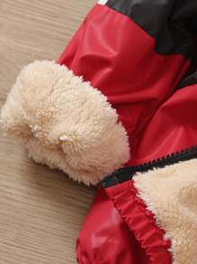 SHEIN 2 件套休闲运动羊毛连帽夹克和裤子套装，适合秋冬季日常、学校、运动和户外活动 - 紅色 - 查看 7