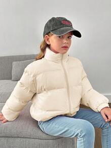 SHEIN Tween 女童纯色立领厚款宽松休闲短款棉服外套 - 米色 - 查看 4