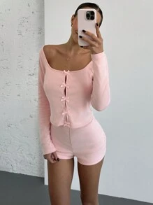 Aloruh 2pcs Casual Solid Color Bow Decor Long Sleeve Shorts Set, Autumn
