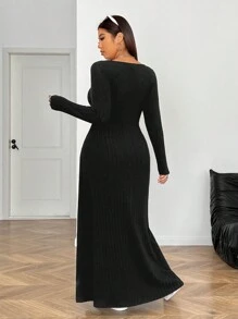 SHEIN EZwear Einfaches langes Kleid in Vollton mit langen Ärmeln in Große Größen, Lässig Alltagskleidung - Schwarz - Übersicht 2