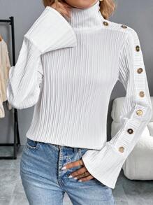 SHEIN LUNE White Wave Striped Stand Collar Women Casual Shirt Fall Cloth For Women - White - View 5