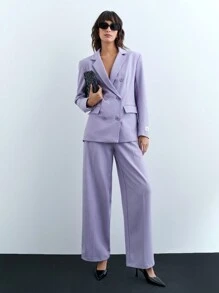 SHEIN X JIMENA & MATEO Maija Conjunto de blazer holgado de manga larga y pantalones rectos elegante para mujer, con detalles de bolsillos, hombreras acolchadas y doble botonadura en color morado, adecuado para fiestas elegantes navideñas y festivales