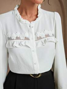 EURMUSE Women's Solid Color Ruffle Hem Long Sleeve Elegant Blouse, Autumn - White - View 6