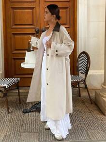 DAZY Women's Fashion Long Contrast Color Collar Trench Coat