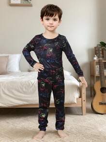 2 bộ đồ ngủ liền thân in họa tiết khủng long T-Rex phát sáng neon dễ thương vui nhộn cho bé trai, tay dài co giãn thoải mái, quần dài vừa vặn, đồ mặc ở nhà cho mùa thu đông - màu đen - Xem 4