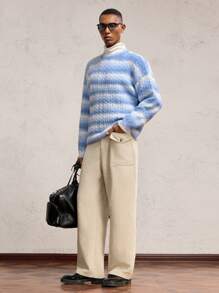 AKNOTIC Party Men's Loose Fit Crew Neck Oversized Color Block Long Sleeve Knit Cable Knit Sweater, Suitable For Autumn/Winter, Vacation, Old Money Men, Boyfriend Gift - Multicolor - View 2