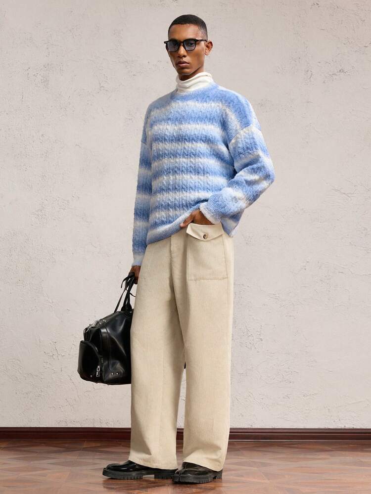 Men's Loose Fit Crew Neck Oversized Color Block Long Sleeve Knit Cable Knit Sweater, Suitable For Autumn/Winter, Vacation, Old Money Men, Boyfriend Gift