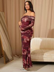 MaterniChic Vestido elegante de embarazo de manga larga con hombros descubiertos, estampado de tie-dye y dobladillo de cola de pez ajustado