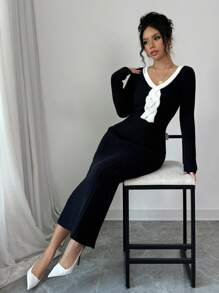 Elenzga 拼色 V 领前部麻花下摆罗纹修身长款针织毛衣连衣裙 - 黑色 - 查看 4