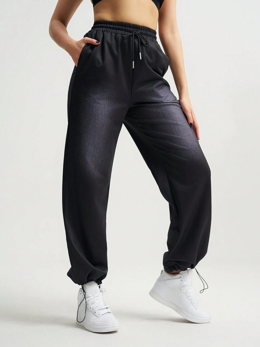 SHEIN Sports Quần thể thao cạp chun rút màu trơn cho nữ có túi ở eo và bo gấu ở mắt cá chân - màu đen - Xem 1