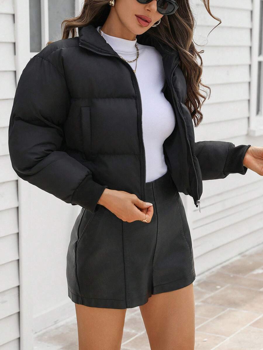 Chiquease 1 chiếc Áo khoác phao dài tay tối giản có khóa kéo phía trước màu trơn dành cho nữ, mặc thường ngày - màu đen - Xem 1