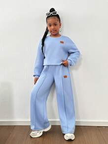 SHEIN Conjunto informal de niña preadolescente con sudadera de manga larga holgada y caída de hombros con parches y pantalón de chándal plisado largo - Celeste - Ver 4