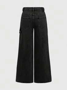 Kawaii Women's Bowknot Waist Design Loose Wide Leg Jeans, Versatile Black - Black - View 4