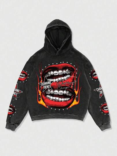 Street Life Men's Printed Graphic Washed & Distressed Loose Cropped Hoodie, Streetwear Style