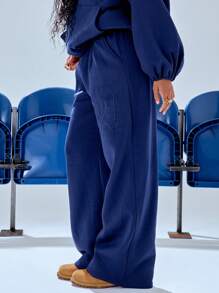 MUSERA 24" geprägte weite Bein Oversized Jogginghose, Urlaub, Sommer, Lässig, Flughafen, 4. Juli, Flughafen, Herbst, Winter, Rückkehr zur Schule - marineblau - Übersicht 3