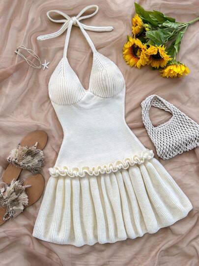 Soleia 女士性感吊带交叉露背荷叶边针织连衣裙