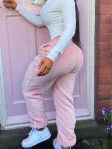 秋冬季女士纯色松紧腰休闲保暖羊毛裤 - 粉色 - 查看 4