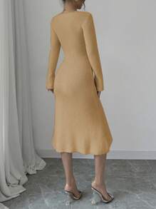 SHEIN Unity 女士 3D 花卉装饰纯色休闲长袖连衣裙 - 卡其色 - 查看 2